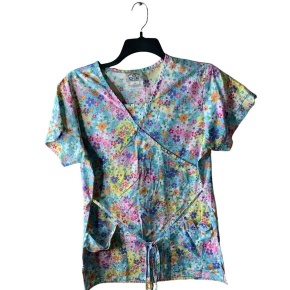 Crest Cotton Uniform Tops Womens S Floral AOP Bohemian Casual Summer Workwear - Picture 5 of 9